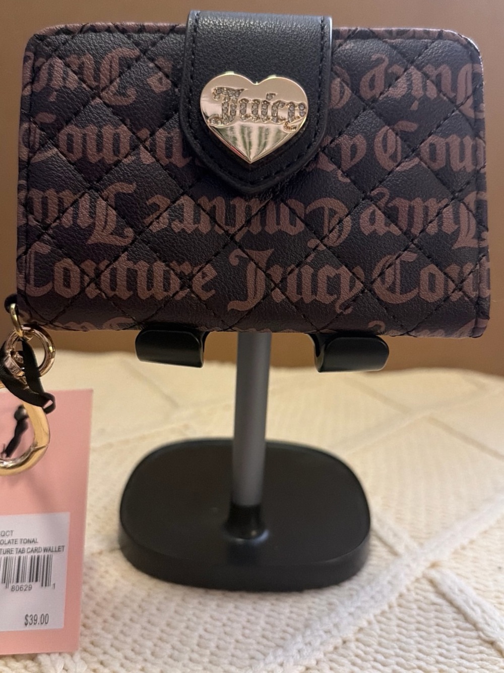 Juicy Couture Chocolate Tonal Love Your Couture Tab Card Wallet - Brown & Gold